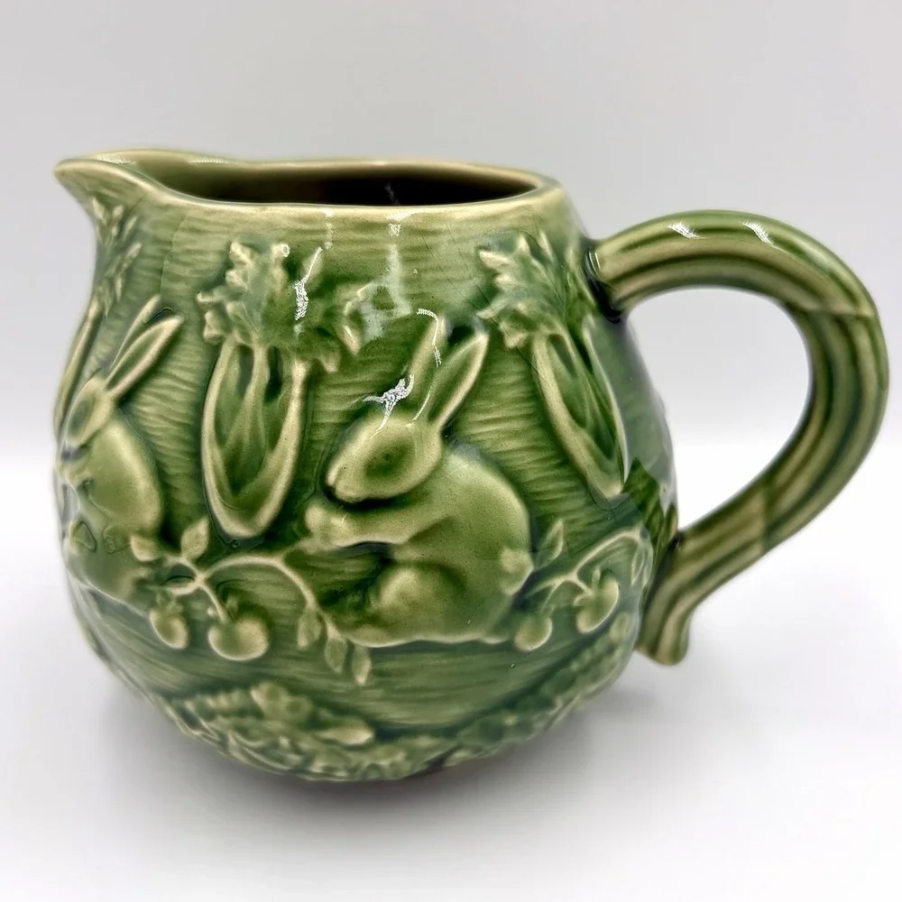 Vintage Bordallo Pinheiro Creamer & Lidded Sugar Bowl Rabbit Green Majolica Set